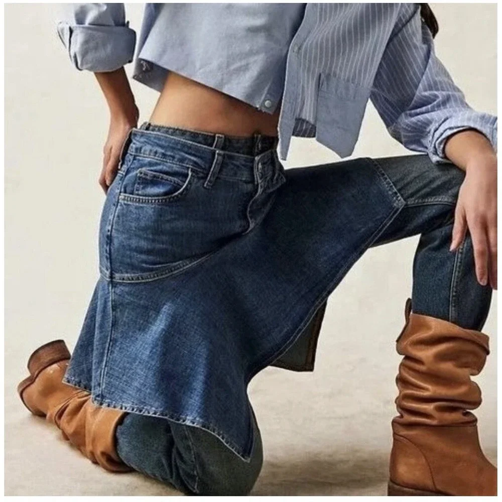 Free People We The Free Wild River Denim Handkerchief Asymmetrical Skirt Blue S